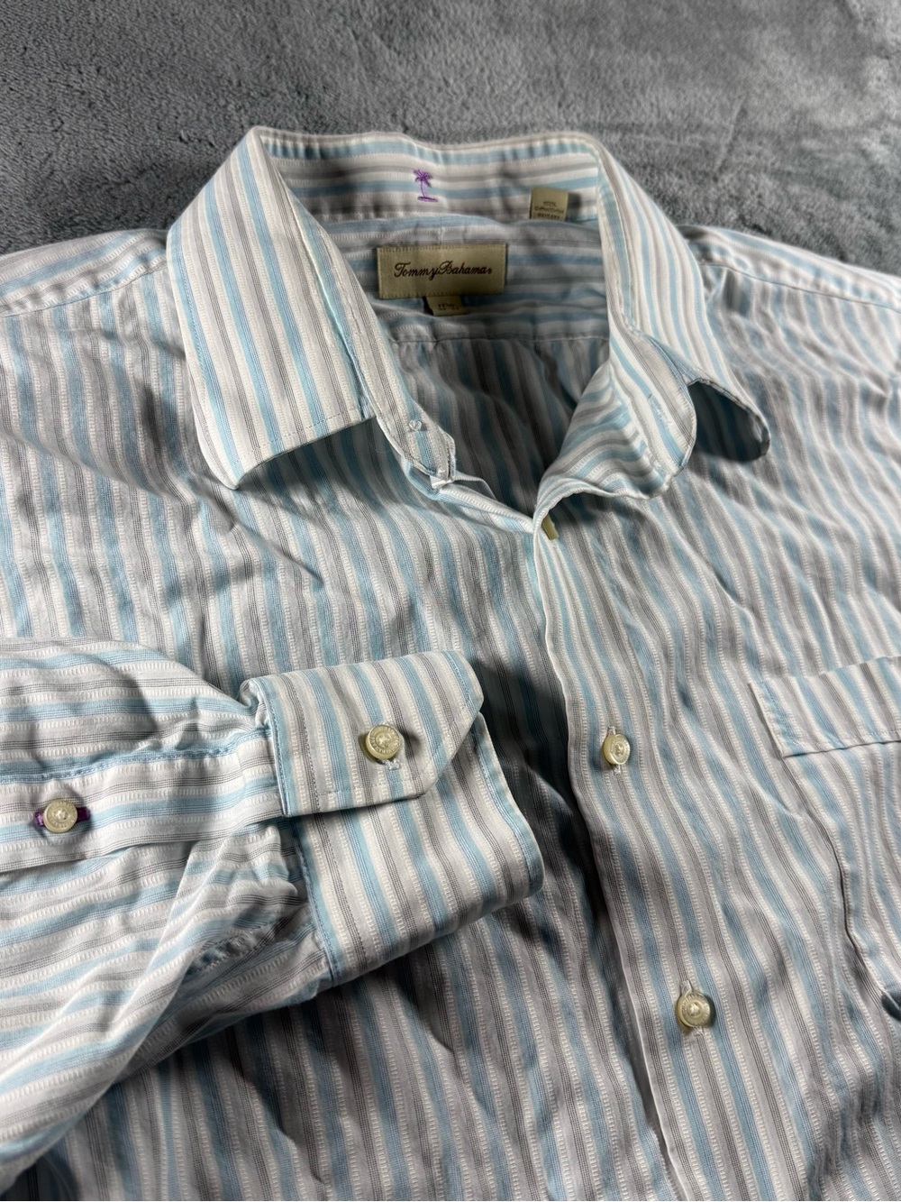 Tommy Bahama Button Shirt Men's 17.5 32-33 Blue Striped Long Sleeve 100% Cotton